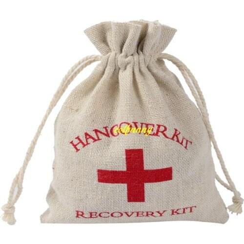 500pcs/lot 10*14cm drawstring pouch 11*16cm Hangover Kit Bags Wedding Favor Holder Bag Red Cross Cotton Linen Gift Bags