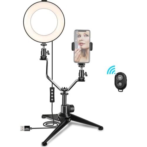 6 Inch/16cm Photography Ring Video Light Dimmable LED Fill Light Selfie Ring Light with Tripod V-shaped Bracket Phone Holder