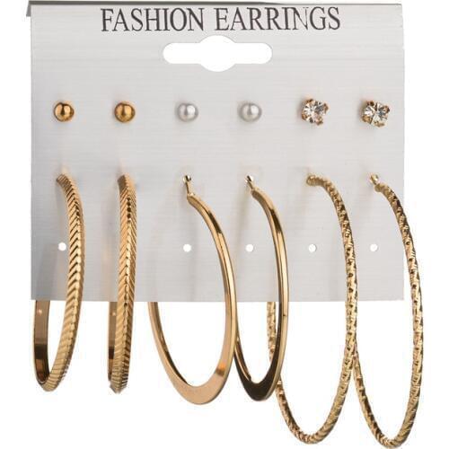 6 Pairs/set Trendy Female Rhinestone Crystal Stud Earrings For Women Female Gold Circle Earring Set Mix Punk Girls Jewelry