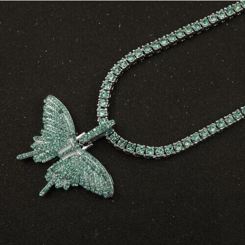 Green Crystal Butterfly Pendant 1 Row Tennis Chain Pink Charm Hip Hop Womens Necklace Mens Blue Silver Color Iced Out Jewelry