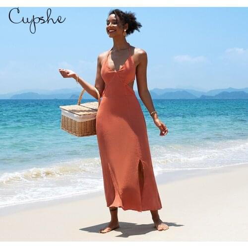 CUPSHE Red V-neck Halter Cutout Maxi Dress For Woman Sexy Side Split Beach Dress 2021 Summer Casual Dress Sundress Vestido