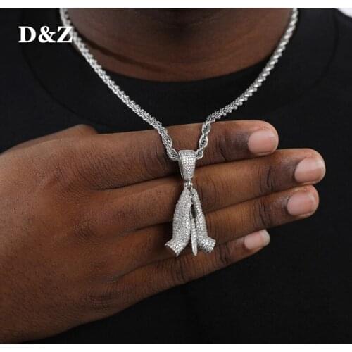 D&Z New Praving Hands With Death Pendant Iced Out Pendant Paved AAA CZ Stone Hip Hop Gold Silver Color Charm Chains Jewelry Gift