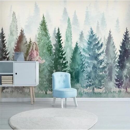 Custom wallpaper small fresh watercolor hand-painted forest fog forest background wall painting waterproof material