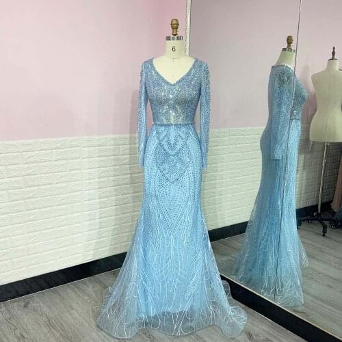 Sky Blue Long Sleeve Embroidered Evening Dresses Crystals Beaded Mermaid V Neck Formal Women Gowns Elegant
