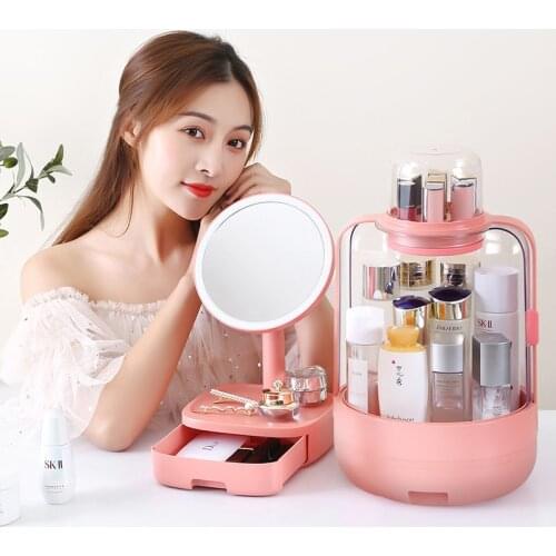 New LED Light Makeup Box HD Mirror Make-up Storage Organizer Drawer Type Transparent Cosmetic Case Two Oiece Set With Mirror