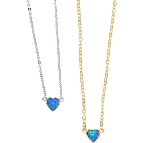 Boho Simple Chic Deep Blue Opal Heart Pendant Necklace Female Real 925 Sterling Silver Charm Necklaces For Women Wedding Jewelry