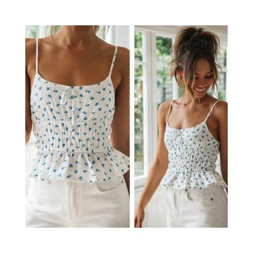 Sexy Spaghetti Strap Floral Print Cami Tops Summer Women Ruffled Elastic High Waist Female Ladies Party Tops Vest