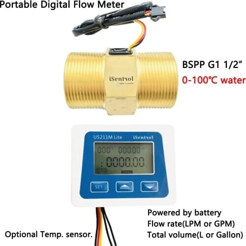 US211M Lite Portable Digital Flow Meter and Turbine Water Flow Sensor Brass BSPP G1 1/2" USC-HS121TA Hot Water 100℃ iSentrol Sea