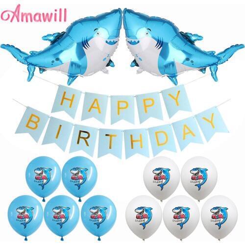 Amawill Blue Splash Shark Party Decorations Shark Mylar Balloons 12inch Latex Air Balloons Kids Birthday Sea Party Favors 8D