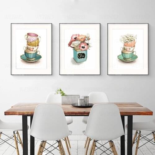 Vintage Tea Cups Posters and Prints Flower Canvas Painting Teapot Wall Picture for Kitchen Room Art Still Life Home Decoration