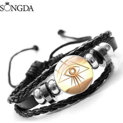 Vintage Egyptian Gods Power Eye Leather Bracelets Eye Of Horus Symbol Glass Art Multi-layer Bangles for Women Men Jewelry Gifts