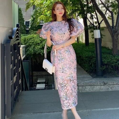 Womens 2021 New Fashion Lantern Sleeve Print Dress O-Neck Elegant Organza Work Casual Evening Party Long Dresses Vestidos