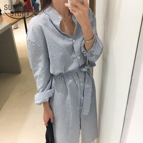 2021 Spring Women Dresses Autumn Elegant Casual Striped Dress Fashion Cotton and Linen Lace Up Single Breasted Vestidos 8777