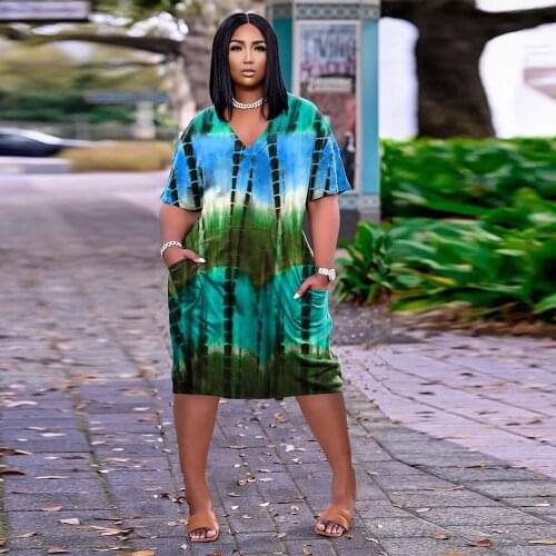 Gradeint Tie Dyeing Print Casual Loose Dress Women Deep V Neck Short Sleeve Ruched Midi Dress High Street Side Pockets Vestidos