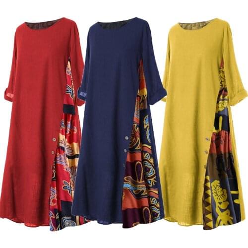 Summer Women Dress Plus Size Vintage O Neck 3/4 Sleeve Side Button Printed Dress Casual Plaid Patchwork Kaftan fall Loose Dress