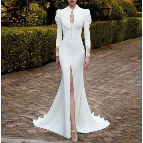 SoAyle Mermaid Wedding Dress Long Sleeves Buttons Up Gorgeous Bridal Gowns White Winter Slit Formal Dresses Lace Applique