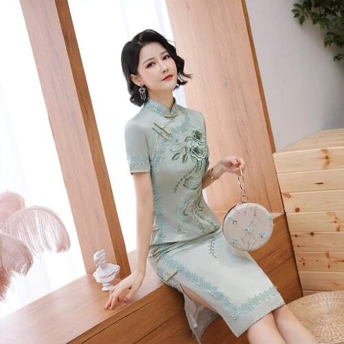 Embroidery Vintage Chinese Style Traditional Mid-length Cheongsam Plus Size 4XL Dress For Women Slim Fit Qipao китайское платье