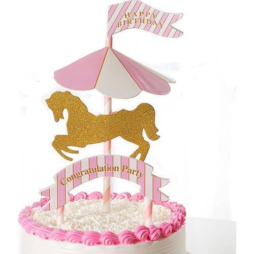 1set Pink Golden Merry-go-round Carousel Cake Flags Birthday Party Supply Wedding Cake Design Cake Decorating Cakes For Kids