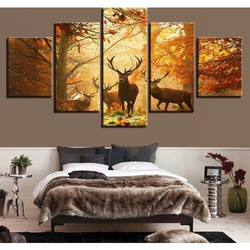 5 Pieces of Modern Elk In Autumn Photography Design Oil Painting Living Room Wall Art Living Room Home Decoration Without Frame