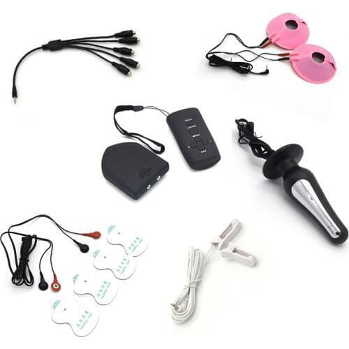 Wireless Remote Control Electro Shock Power Therapy Two Holes Output Host Electric Anal Plug Nipple Clamps Pads Massage Sex Toys