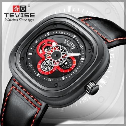 Top Brand TEVISE Fashion Mens Square Automatic Watch Waterproof Genuine Leather Skeleton Sport Watch Mechanical Watches Men