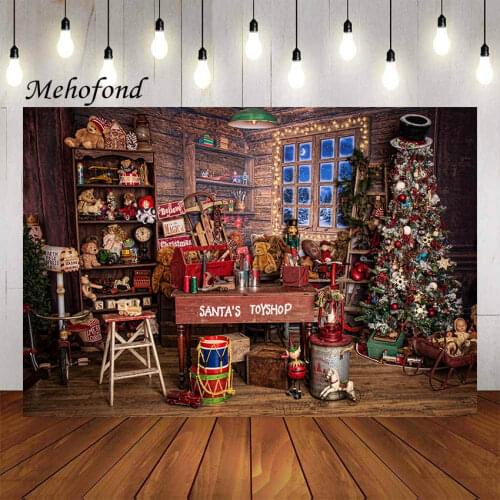 Mehofond Santa Toy Shop Photography Background Christmas Tree Gift Snow Window Wood Kids Family Portrait Backdrop Photo Studio
