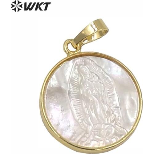 WT-JP042 WKT Hot sale! wholesale natural white shell pendant round shape virgin Mary religious style pendant for necklace making