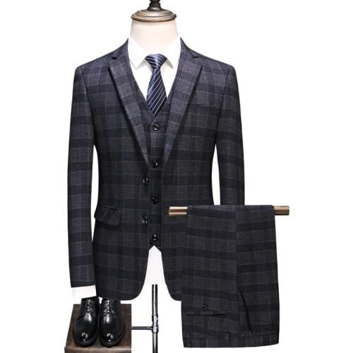 Mens Smart Casual Suit Classic Gentleman Simple Three-piece Business Male Dress Dark Gray Plaid Suit Set 3pcs