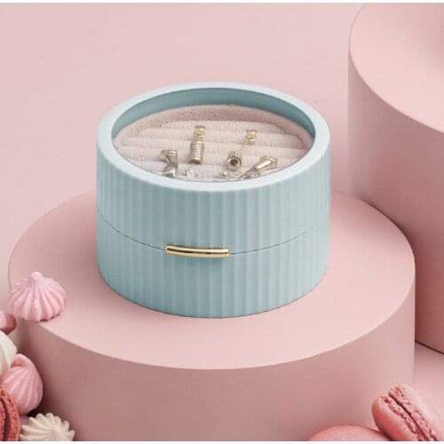 Macaron Round Double-layer Portable Jewelry Box Button Flip Earrings Ring Layered Flannel Dustproof Storage Box