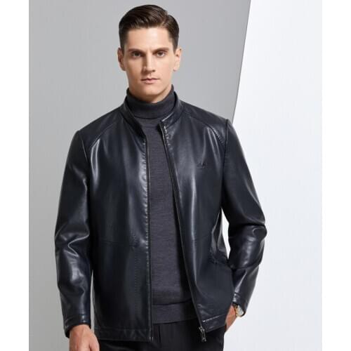 Jacket Coat for Men Business 2020 Autumn Winter Fashion Mens Leather Jacket Stand-up Collar Short Slim Fleece, Size M-3XL