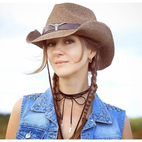 Summer Women Straw Western Cowboy Hat Cowgitrl Roll Brim Outdoor Fedora Sombrero Hombre Jazz Hat