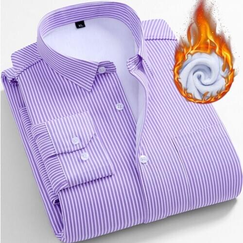 Autumn and winter mens warm shirt mens Plush thickened business dress striped shirt mens long sleeve casual inch shirt men