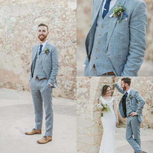 Mens Linen Wedding Suits 3 Pieces Peaked Lapel Groom Wedding Tuxedos Blue Office Party Formal Suit Custom Made
