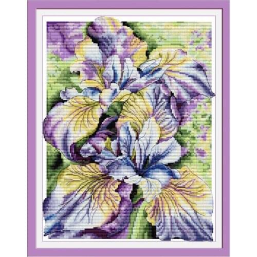Watercolor Iris Flower Cross Stitch Embroidery Needlework Stamped Pattern DMC Thread Counted Fabric 11CT 14CT Printed Decor Kits