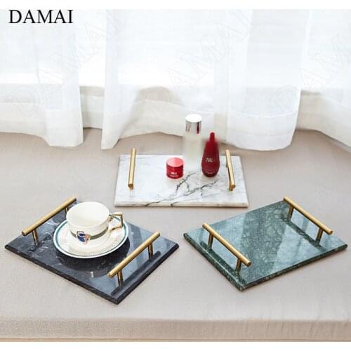 Natural Marble Storage Tray Modern Light Luxury Gold Handle Teacup Wine Set Trays Dressing Table Jewelry Cosmetic Display Plates