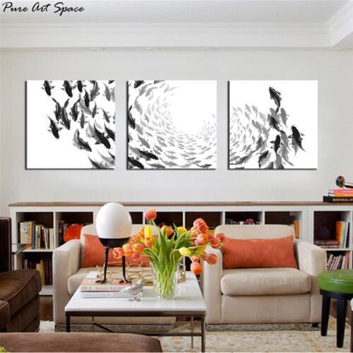 Nordic Brief Style Canvas Pictures for Living Room Abstract Canvas Art Feng Shui Fish Paintings Black and White Pictures Art