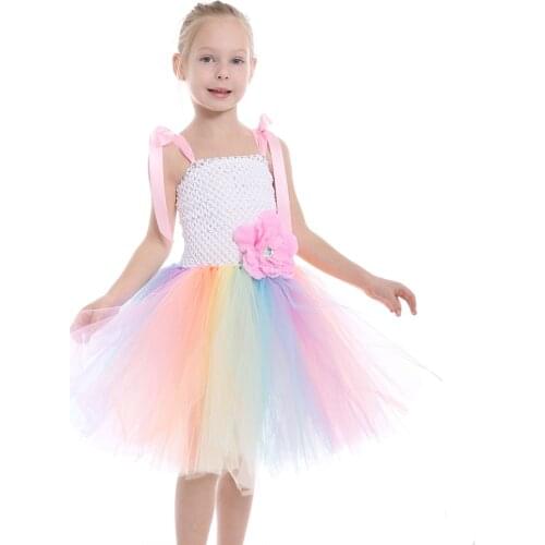 Pastel Rainbow Flower Girls Wedding Dress Baby Girl Birthday Outfit Kids Cosplay Tutu Costume Princess Dance Tulle Ball Gown
