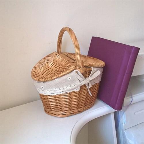 Wicker Hamper Handmade Wicker Willow Woven Picnic Basket with Handle Double Lid Food Fruit Storage Hamper Basket
