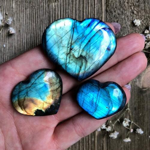 Natural Crystal Heart Moonstone Polished Labradorite Stone Healing Energy Reiki
