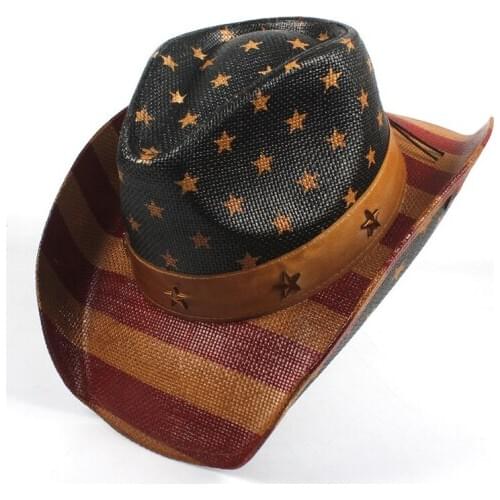 Women Men Straw Cowboy Hat With USA American Flag For Lady Gentleman Western Sombrero Hombre Cowgirl Jazz Caps Size 58CM