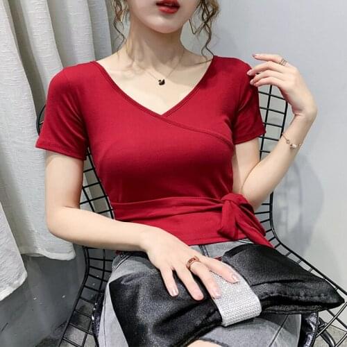 OUMENGKA Fashion Women Slim T Shirt Sexy Lace Up Bow TShirt Women V-Neck Short Sleeve female Cotton T-shirt Women Tops befree
