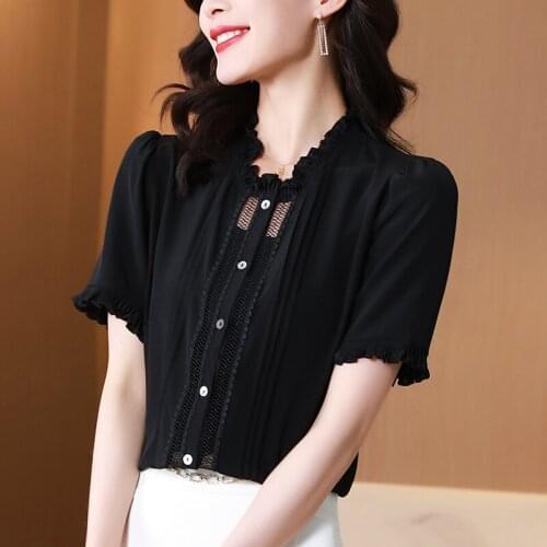 Natural Real Silk Women Black Shirt Summer Elegant Stand Collar Short Sleeve Sexy Hollow Out Patchwork Female Solid Blouse Tops