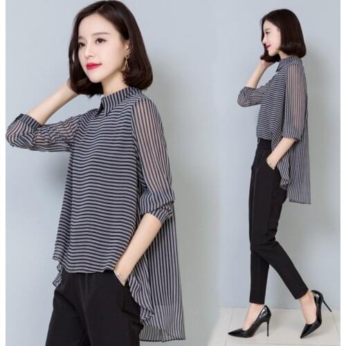 Fahsion Temperament Women Shirt Polo-Neck Long Sleeve Elegant Casual Blouses Spring Aumutn Loose Stripe Blusas White Tops MM0753