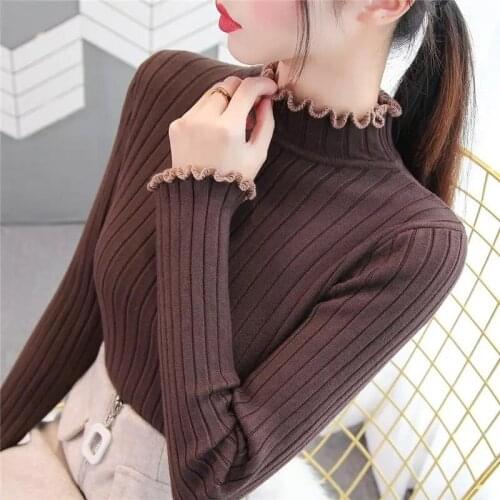 2021 Womens Sweater Spring Autumn Casual Turtleneck Stretch Knitted Pullover Sweater Lotus leaf Long Sleeve Tops Femme Clothing