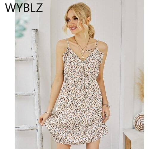 WYBLZ 2021 Dress Women Summer Fashion Floral Elegant High Waist V-Neck Sling Clothing Boho Sexy Sleeveless Off Shoulder Dress