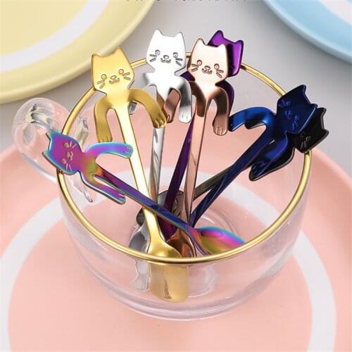 1 PCS Stainless Steel Coffee & Tea Spoon Mini Cat Long Handle Creative Spoon Drinking Tools Kitchen Gadget Flatware Tableware