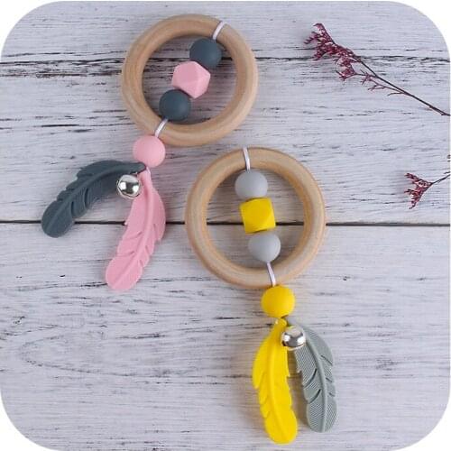 Baby Teether Rattle Cartoon Beech Wood Ring Newborn Hand Rattle Teething Toy Silicone Toddler Feather Oral Care Teething Stick