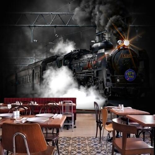 Photo wallpaper Retro Nostalgic Black White Steam Train Mural Custom Cafe Bar Mural Background wall Wallpaper