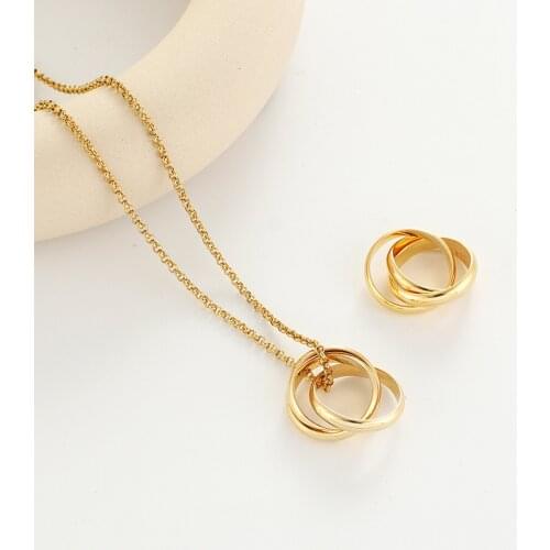Gojomem Fashion Gold Silver Stainless Steel Chain Circle Pendant Necklace and Ring Set For Women Jewelry Wedding Party Gifts