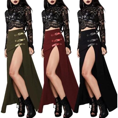 Gothic Women Solid Color Long Side Slit High Waist Ankle Length Skirt Streetwear New Arrival HOT SALES!!!Sexy Side Slit الجن